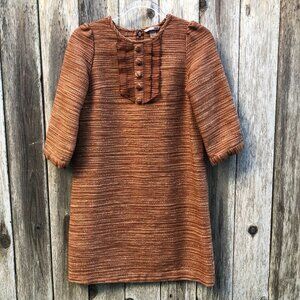 H&M Tweed Retro Mocha Brown Ruffle Front Shift Dress